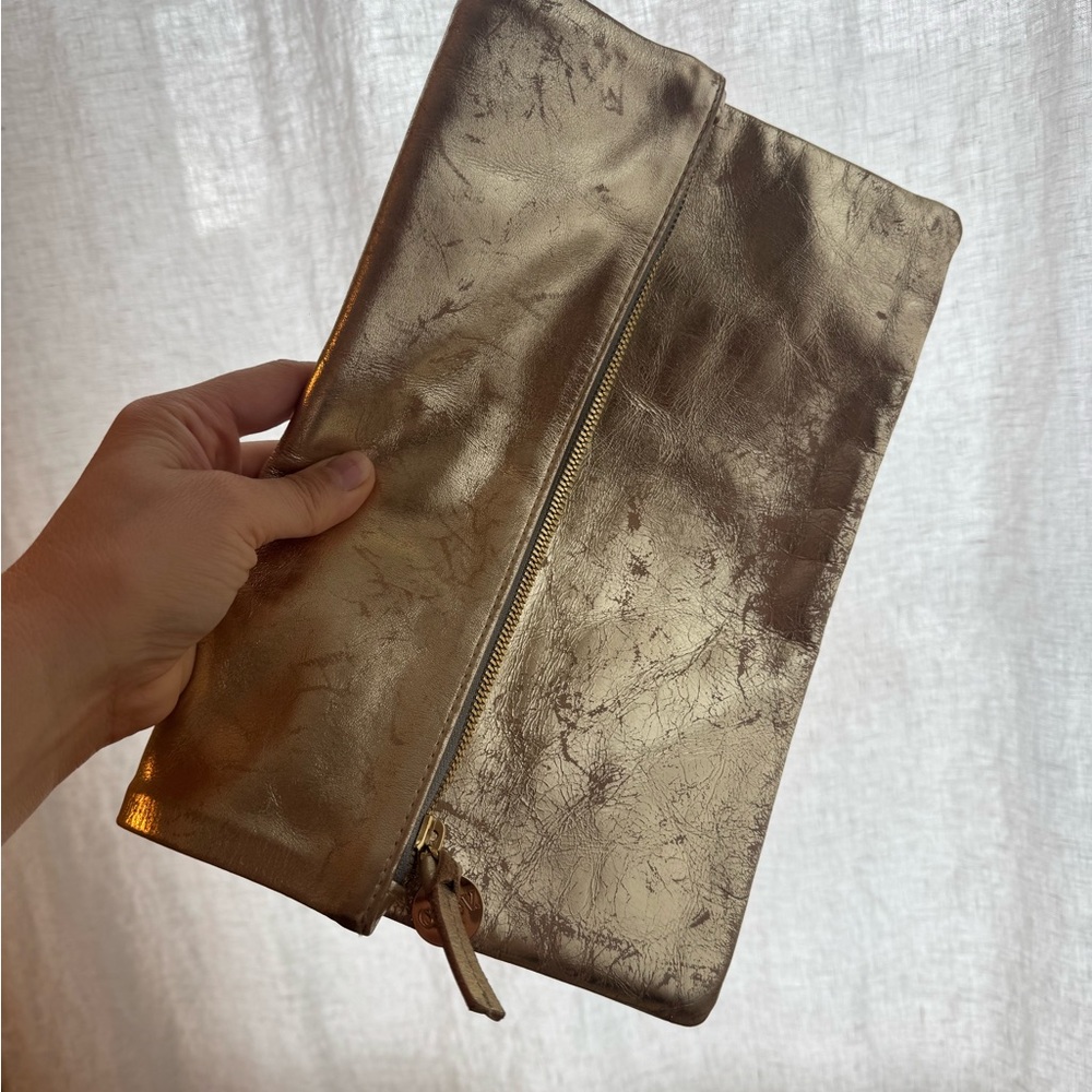 Clare V. Gold Foldover Clutch Purse Distressed EUC